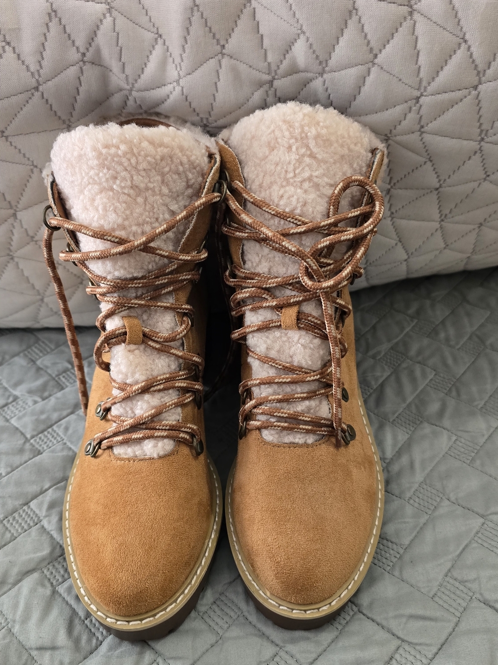 Corkys Tan Suede Lace-Up Ankle Boots with Cream Sherpa Lining